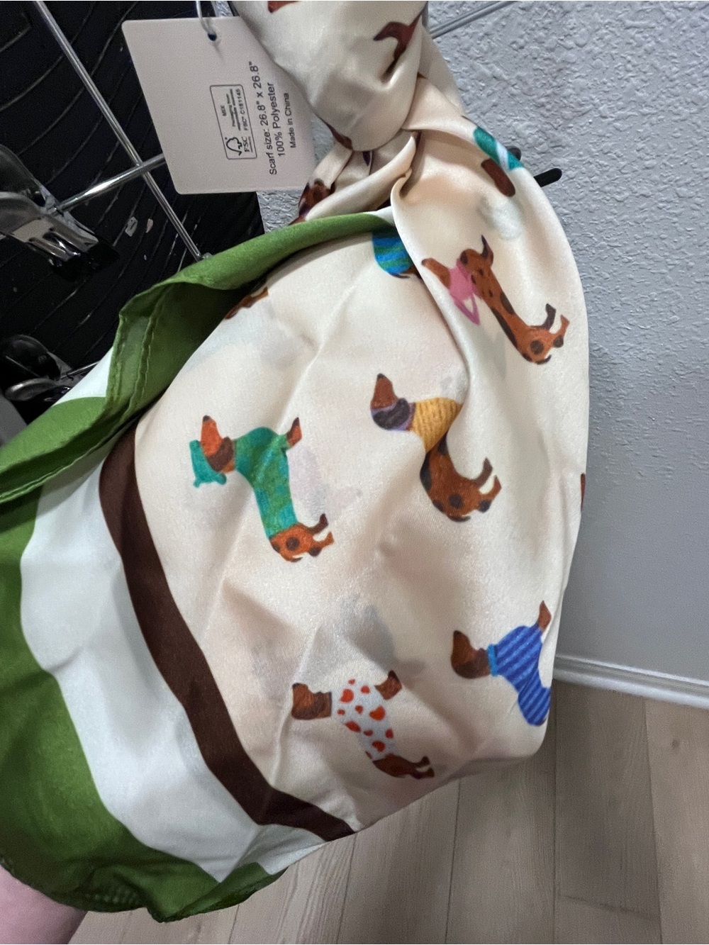 Women's Cream Dachshund Print Scarf with Green Border